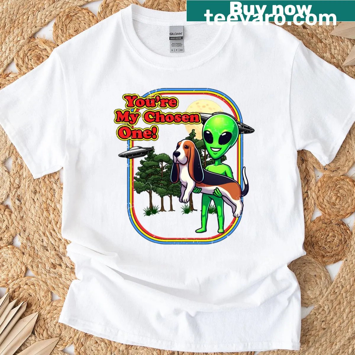 Funny basset hound depicted as an alien in oversized T-shirt — on a men's t-shirt