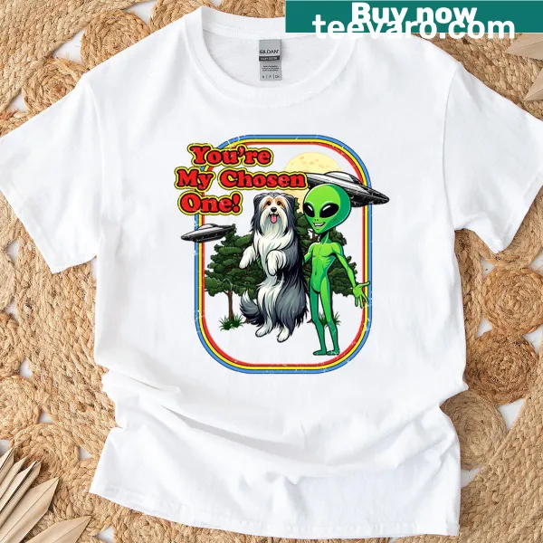 Oversized t-shirt featuring a funny Bearded Collie alien and UFO design