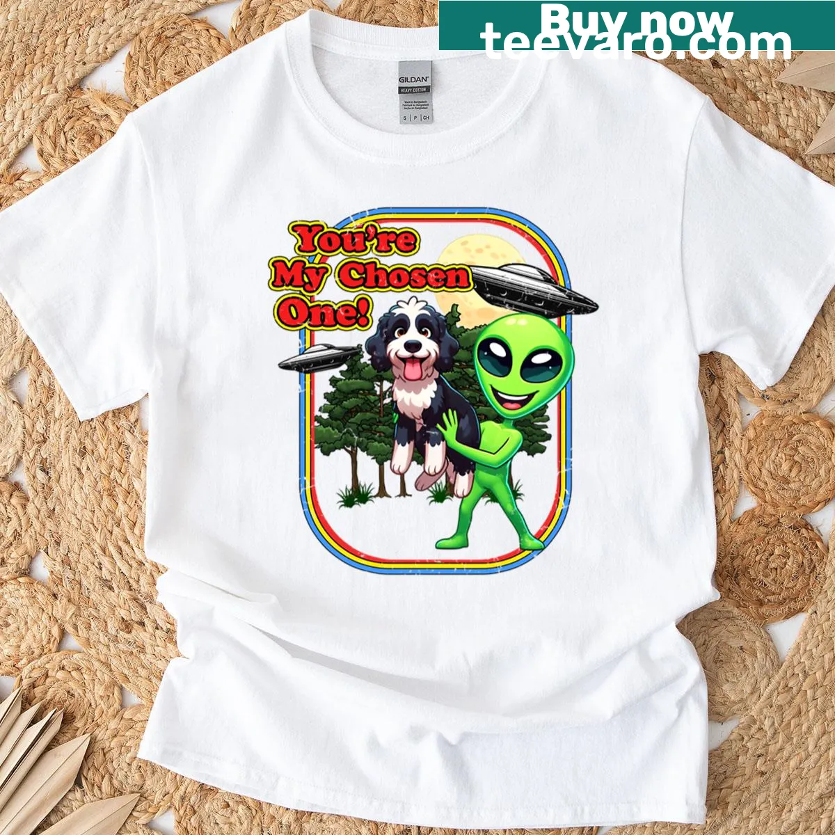 Funny bernedoodle dog with UFO in alien theme — on a men's t-shirt