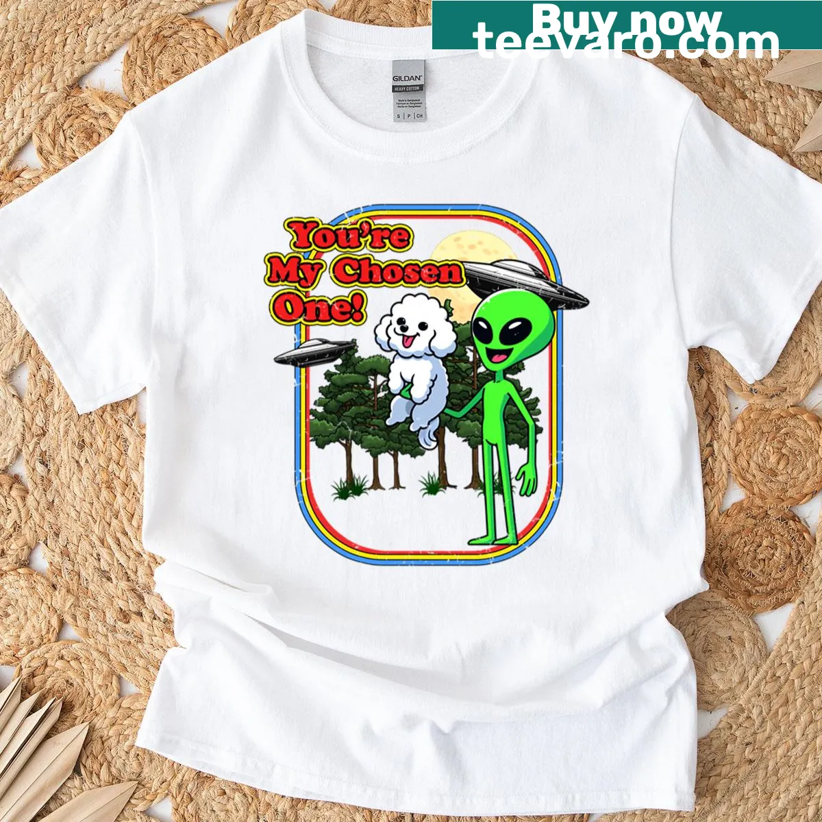 Bichon Frise dog in UFO with alien theme — on a men's t-shirt