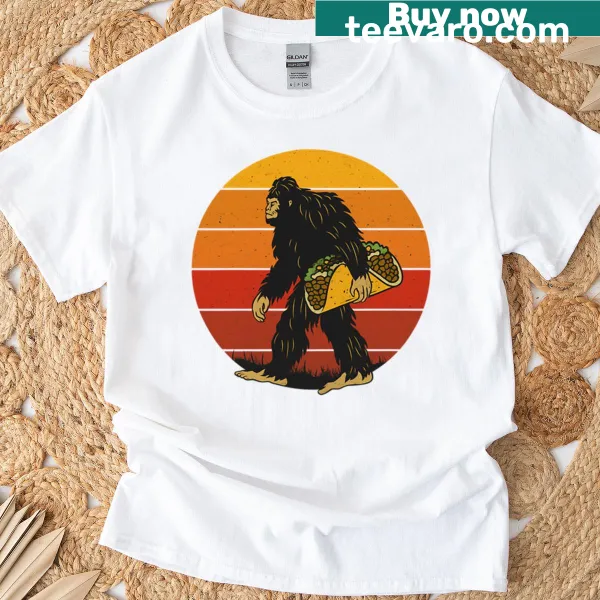 Cartoon Bigfoot holding a taco with retro sunset background