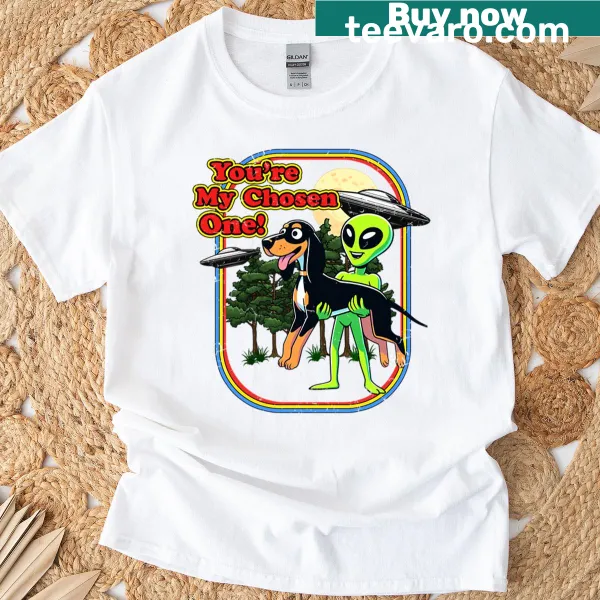 Funny cartoon design of a coonhound as an alien with UFO