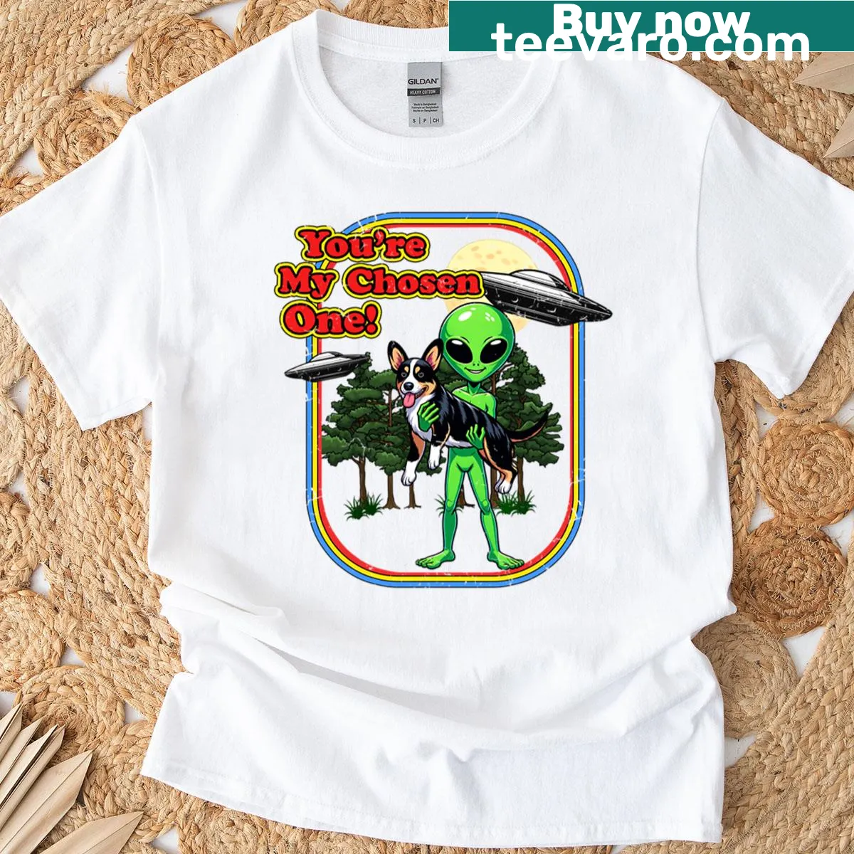 Funny black brindle corgi with UFO design for dog lovers — on a men's t-shirt