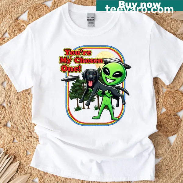 T-shirt with an illustrated black Labrador as an alien