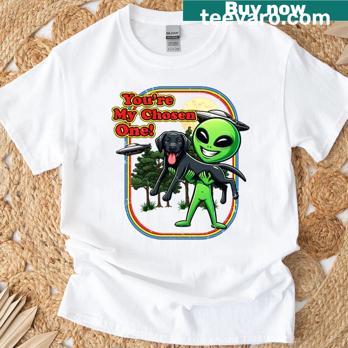 T-shirt with an illustrated black Labrador as an alien — on a men's t-shirt
