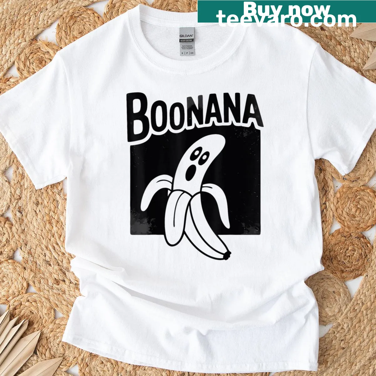 Funny ghost with banana pun graphic on Halloween t-shirt — on a men's t-shirt