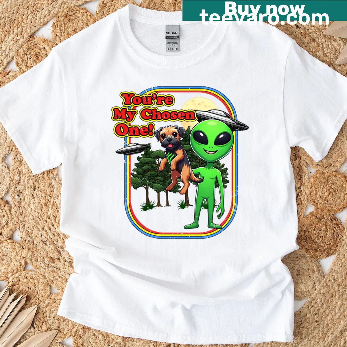 Cartoon Border Terrier as an alien in a space helmet on t-shirt — on a men's t-shirt