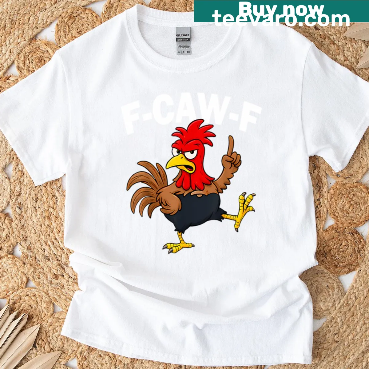 Cartoon-style F-caw-f Chicken graphic t-shirt with funny phrase — on a men's t-shirt