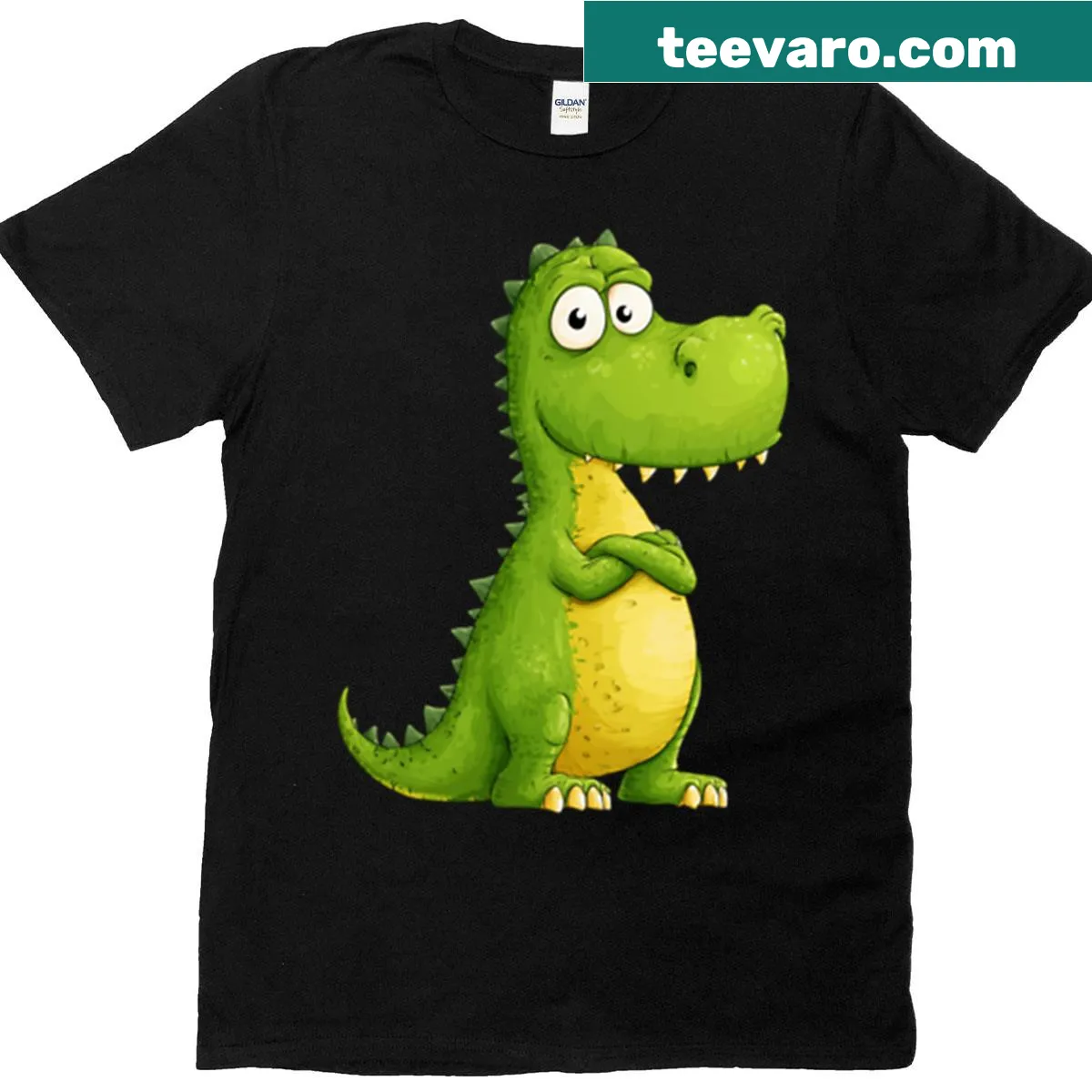 Cartoon green dinosaur graphic on an oversized t-shirt — on a men's t-shirt