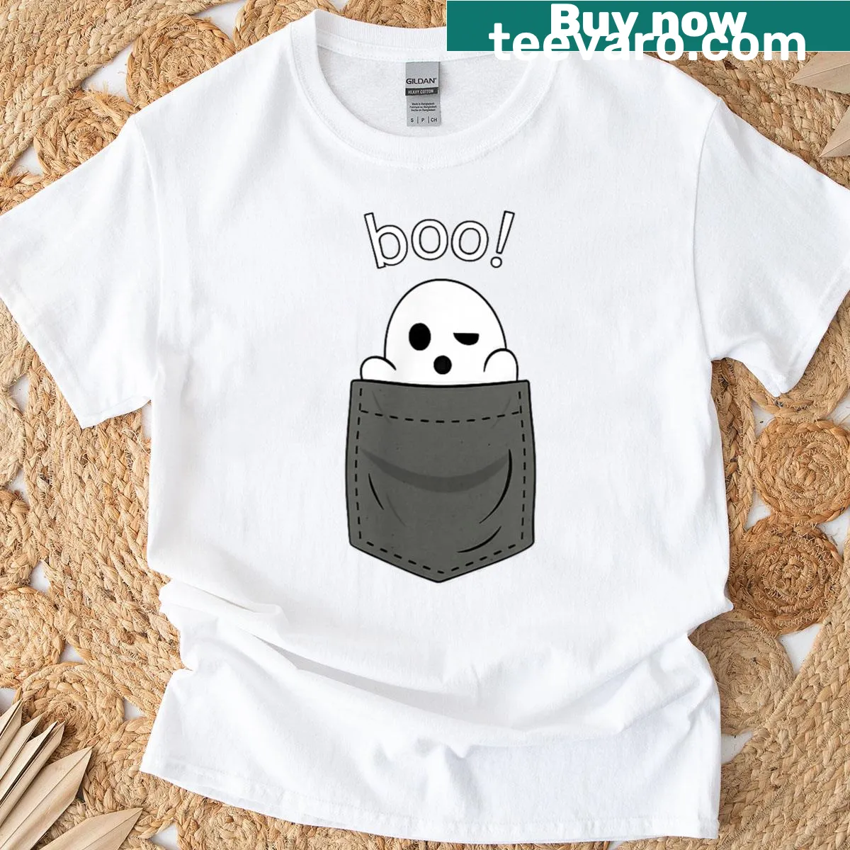 Ghost design peeking from a pocket — on a men's t-shirt