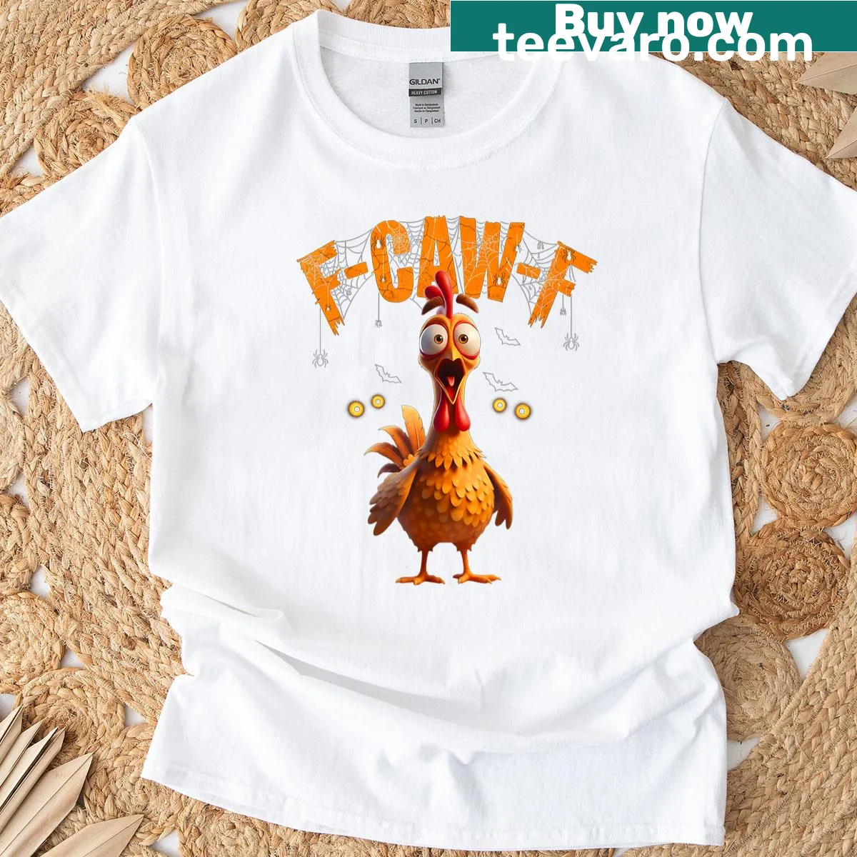 Cartoon chicken with spider web and humorous text on t-shirt — on a men's t-shirt