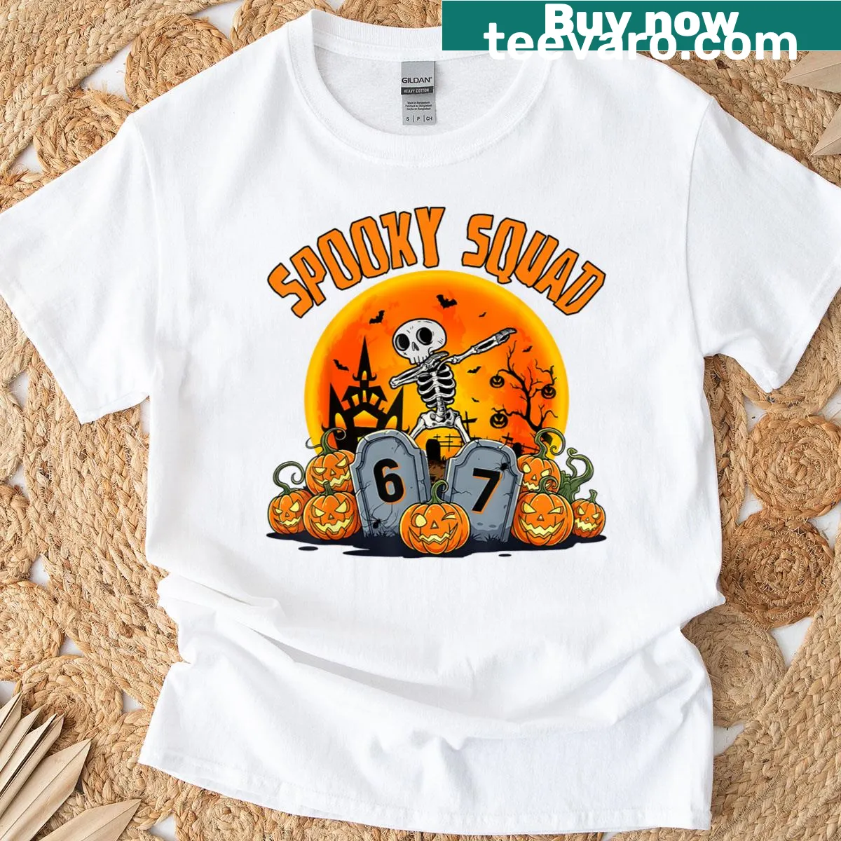 Skeleton graphic with Spooky Squad text for Halloween T-shirt — on a men's t-shirt