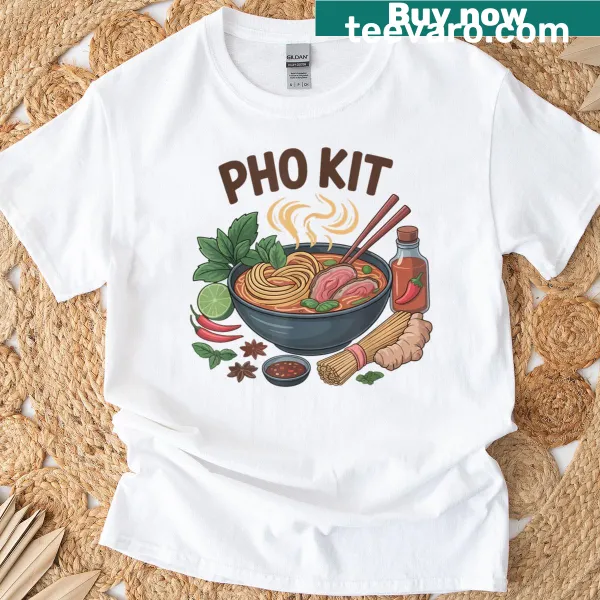 Playful T-shirt featuring a cartoon graphic of a pho noodle bowl.