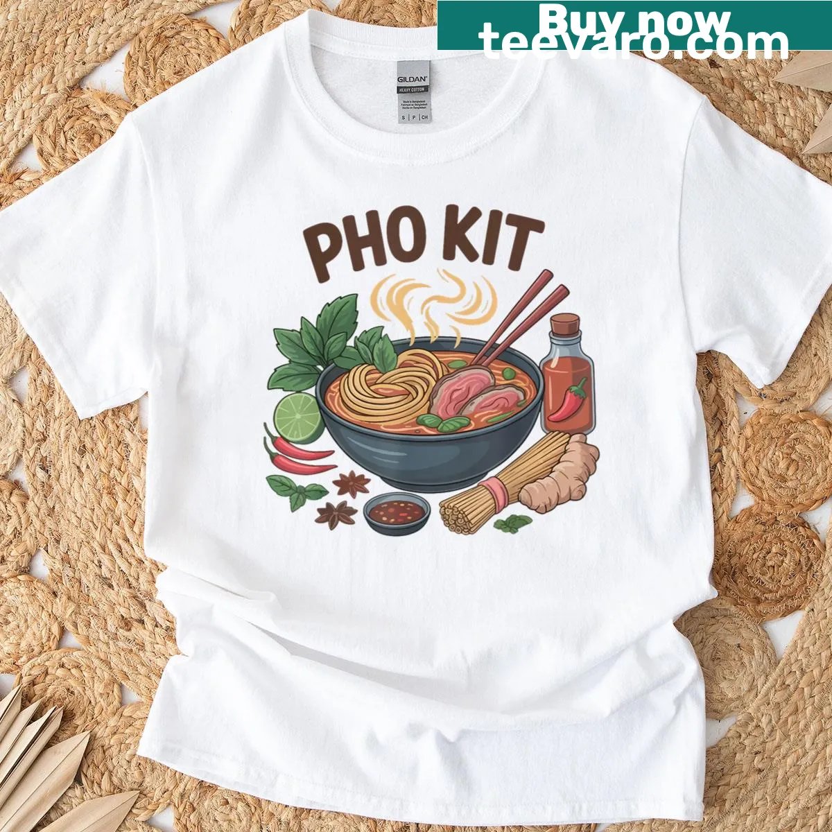 Playful T-shirt featuring a cartoon graphic of a pho noodle bowl. — on a men's t-shirt