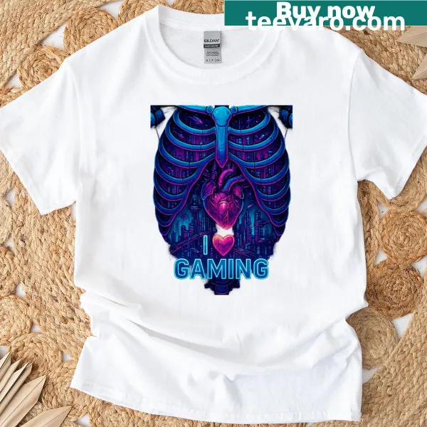 Heart-themed typography design celebrating gaming on a T-shirt