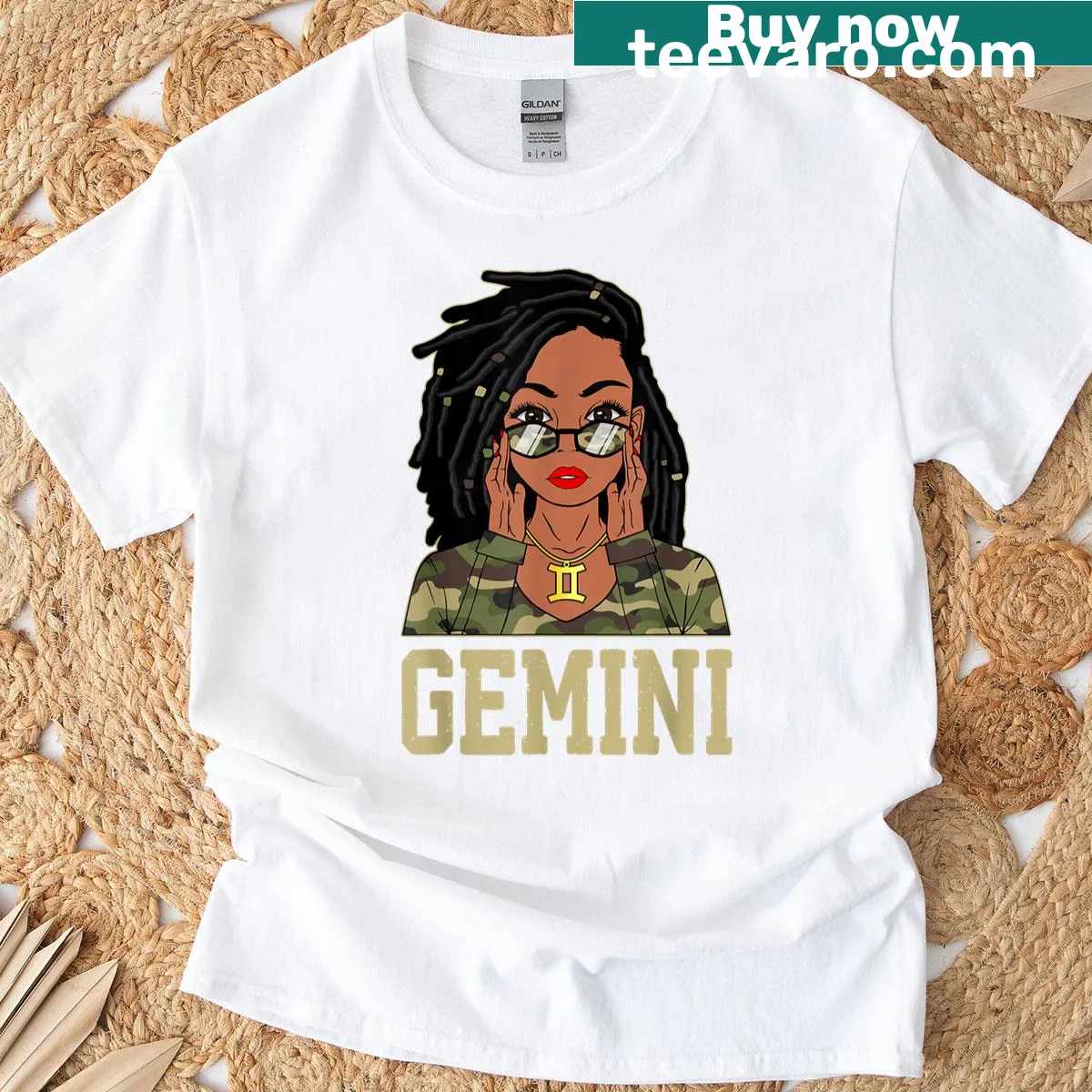 Sassy Black woman with locs and camo design on Gemini t-shirt — on a men's t-shirt
