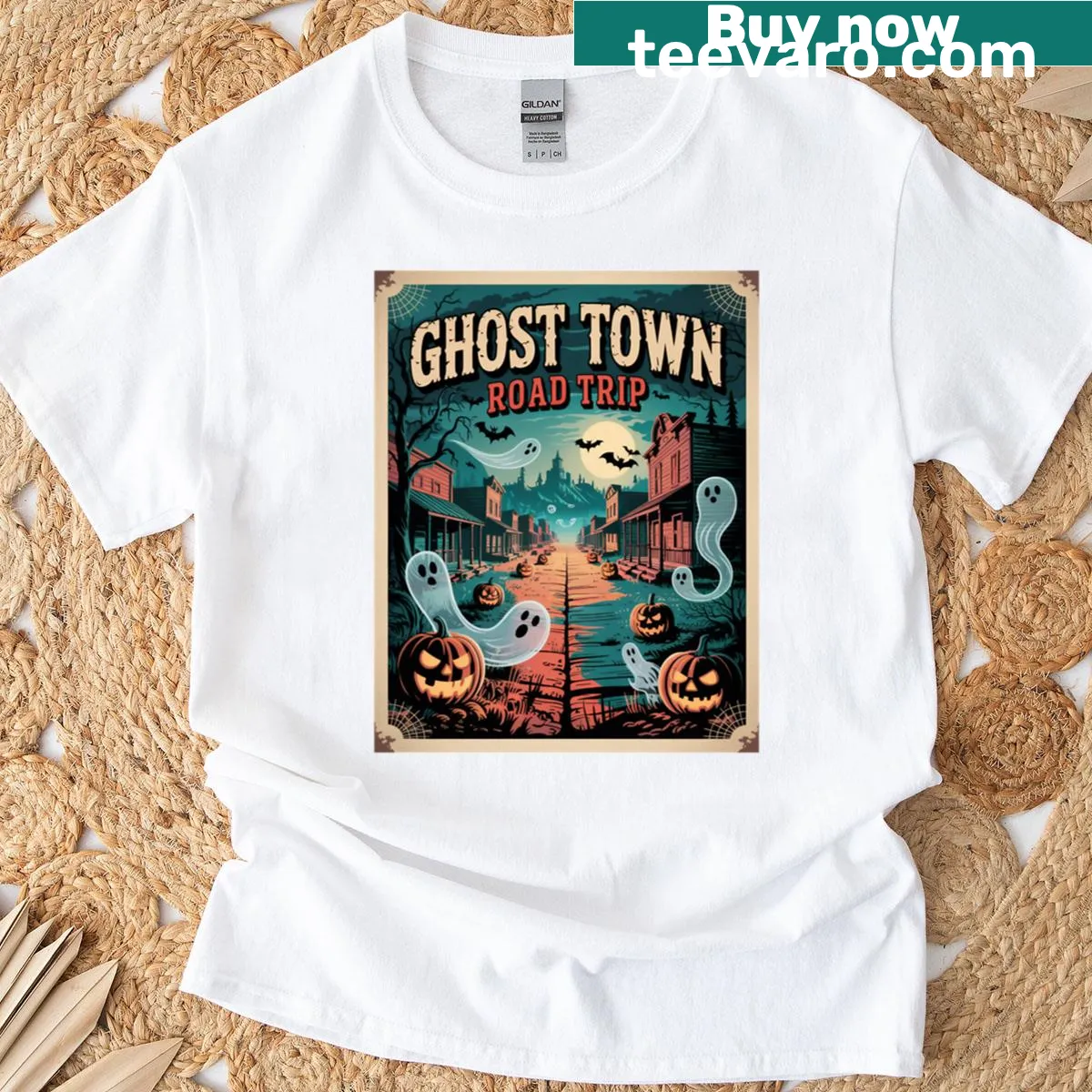 Oversized shirt with ghost town road trip art — on a men's t-shirt
