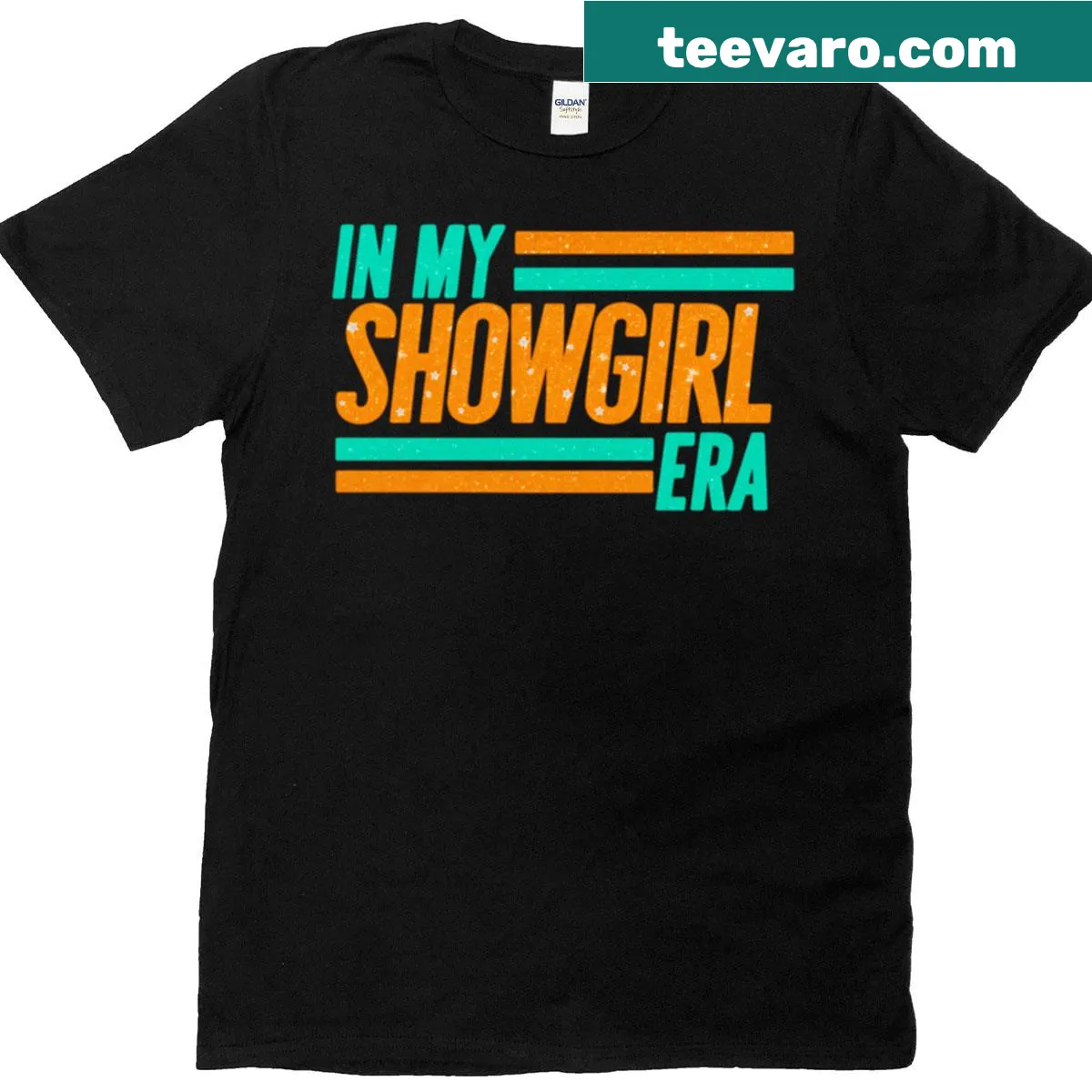 Retro Showgirl Era oversized T-shirt with glittery graphic — on a men's t-shirt