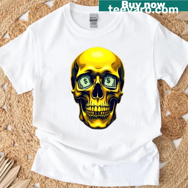 Graphic of a golden skull head resembling a dollar bill on a T-shirt