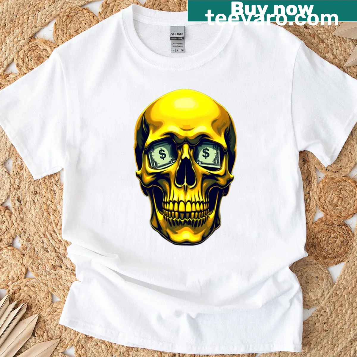 Graphic of a golden skull head resembling a dollar bill on a T-shirt — on a men's t-shirt
