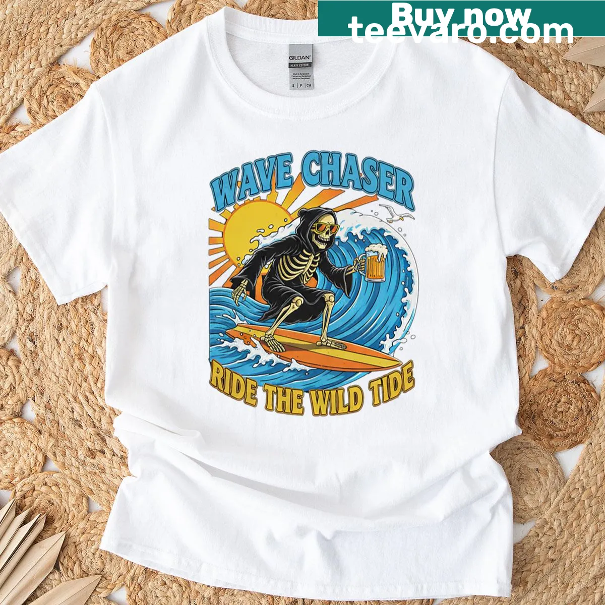 Cartoon Grim Reaper surfing a wave in oversized T-shirt — on a men's t-shirt