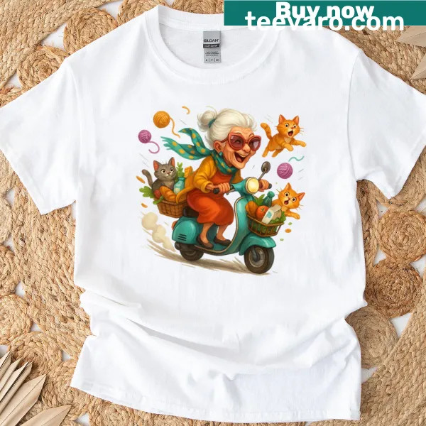 Cartoon T-shirt featuring a grandma on a scooter.