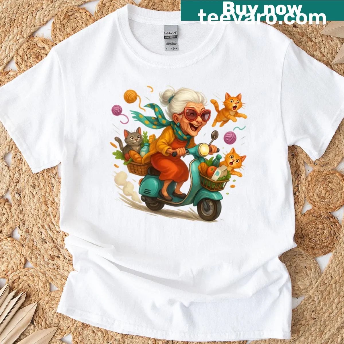Cartoon T-shirt featuring a grandma on a scooter. — on a men's t-shirt