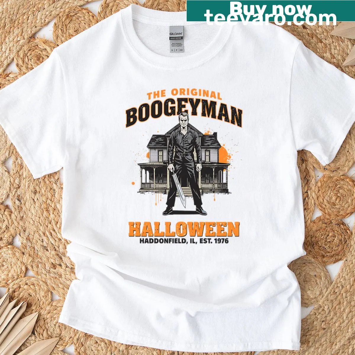 Oversized Halloween shirt featuring Boogeyman icon art — on a men's t-shirt