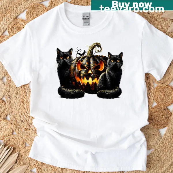 Premium T-shirt featuring a witch and black pumpkin for cat lovers