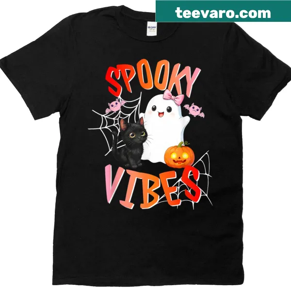 Retro Halloween T-shirt featuring cartoon ghosts and spooky vibes