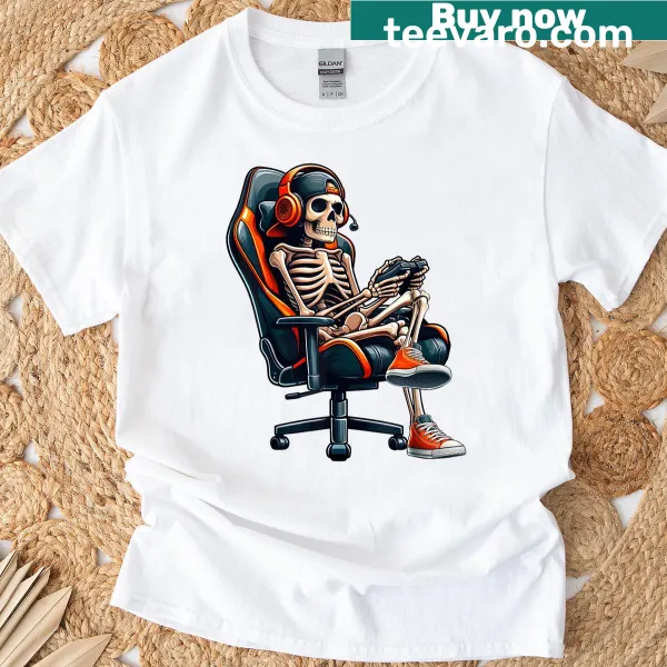 Skeleton gamer t-shirt for Halloween with video game elements