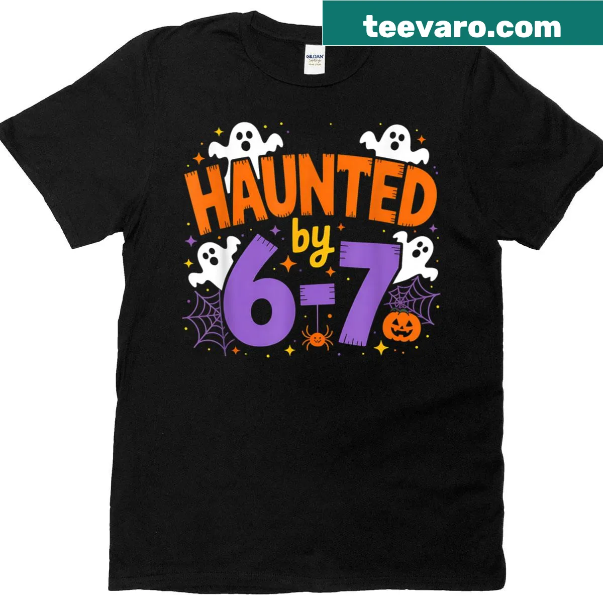 T-shirt with Halloween humor text 'Haunted By 6-7' — on a men's t-shirt