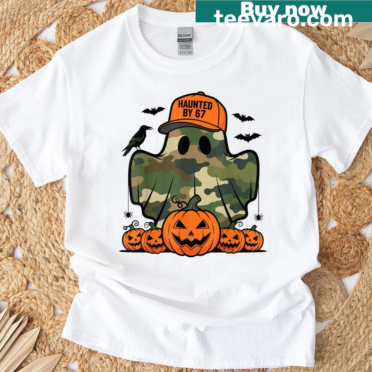 Vintage-style Halloween t-shirt with a camo ghost and pumpkin design — on a men's t-shirt
