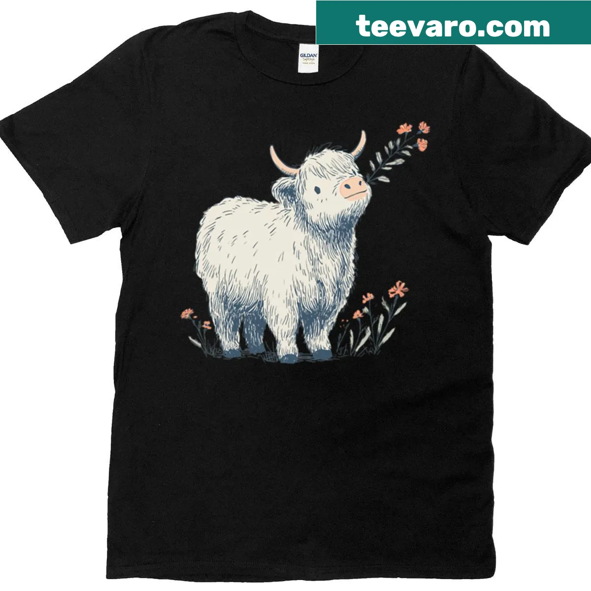Line art of a Highland cow with flowers — on a men's t-shirt