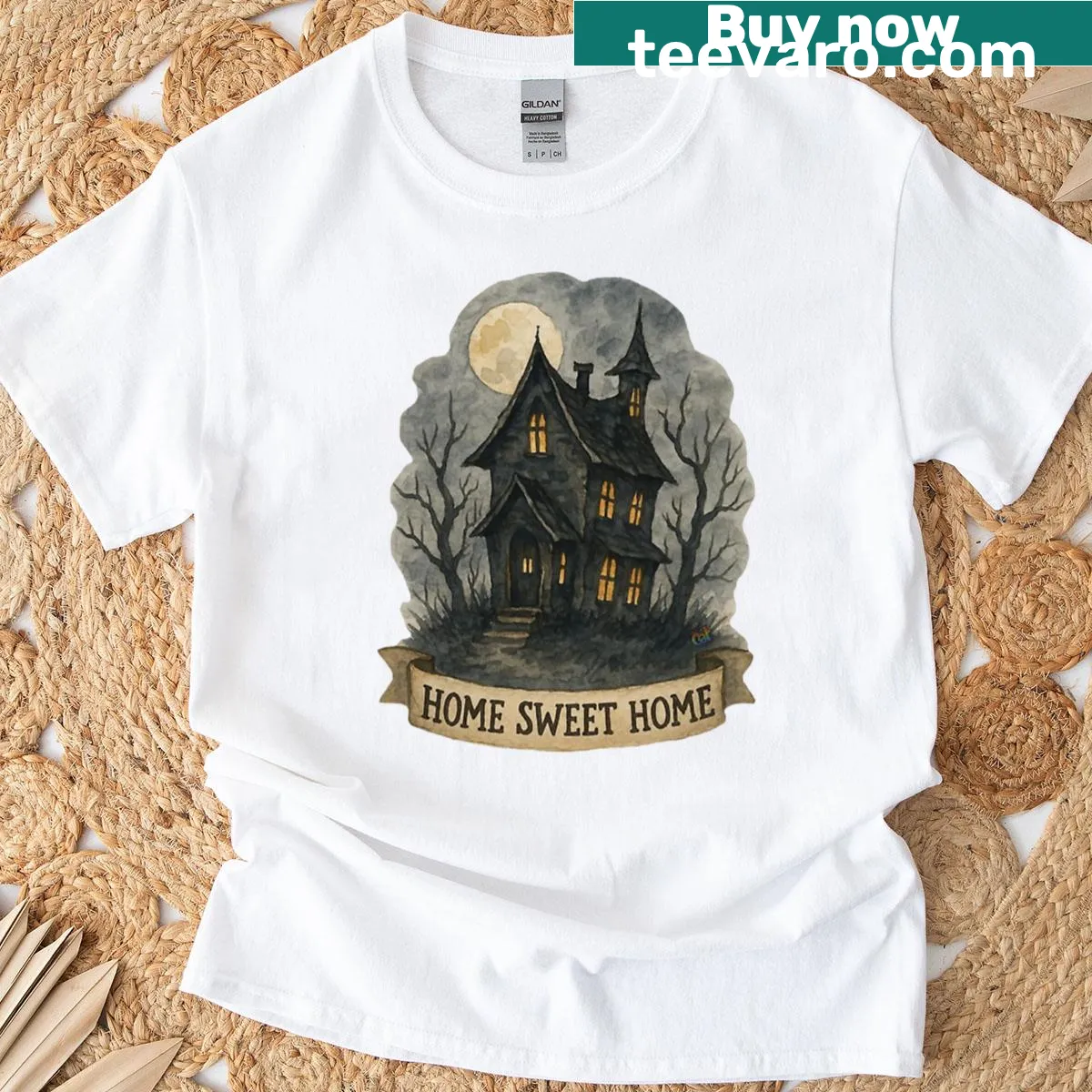 Illustrated t-shirt with Home Sweet Haunted Home phrase — on a men's t-shirt