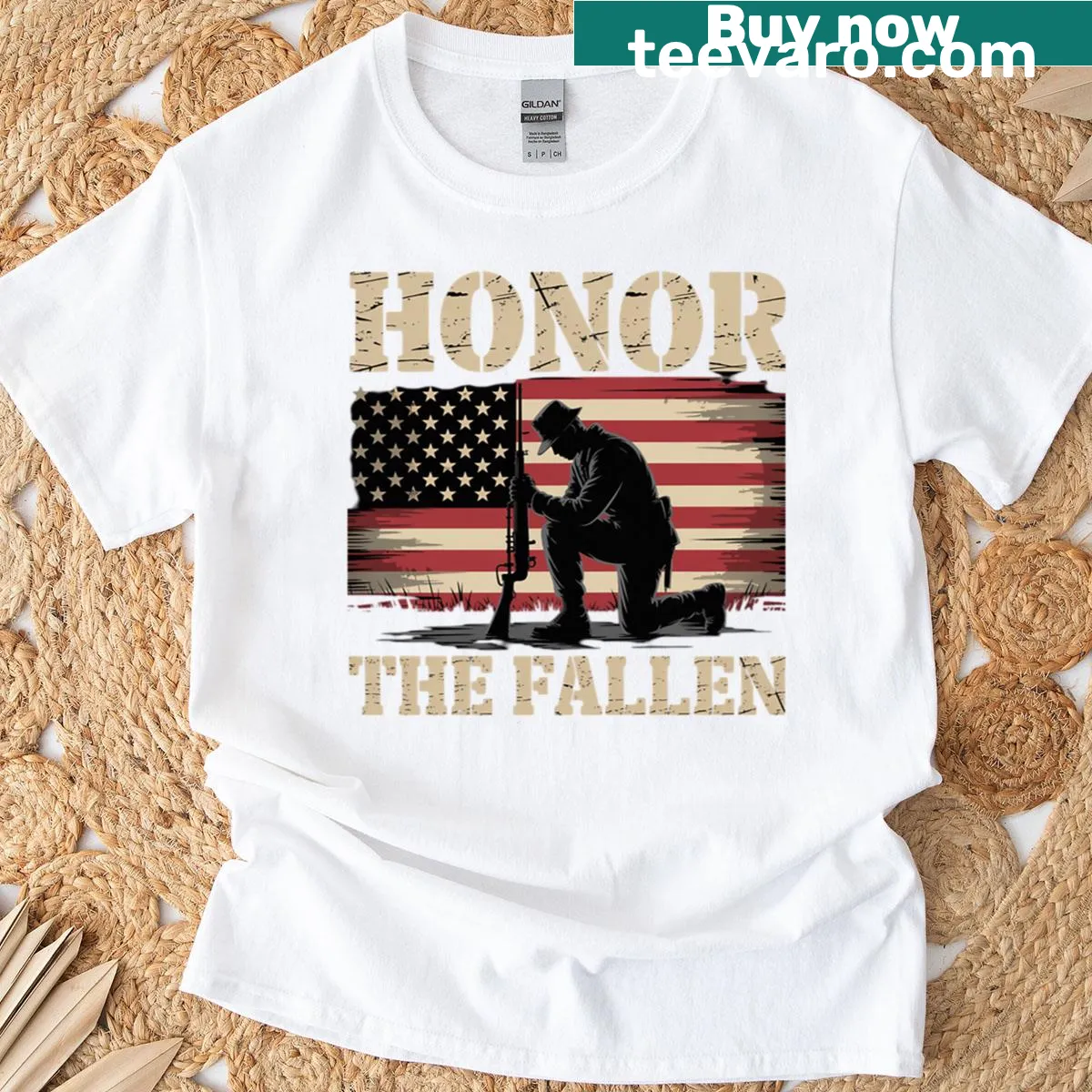 Tribute T-shirt honoring fallen veterans with a respectful graphic. — on a men's t-shirt