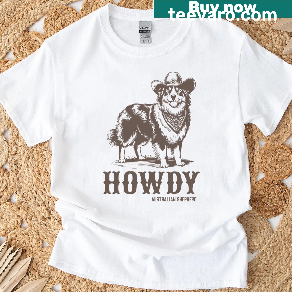 Vintage-style t-shirt featuring an Australian Shepherd in a cowboy theme — on a men's t-shirt