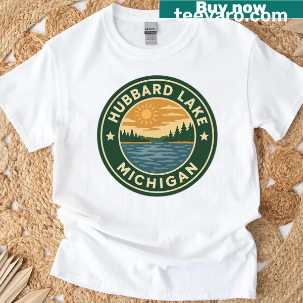 Circular graphic design of Hubbard Lake Michigan on t-shirt