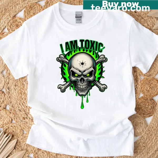 Skull design with green flames on a horror-themed t-shirt.
