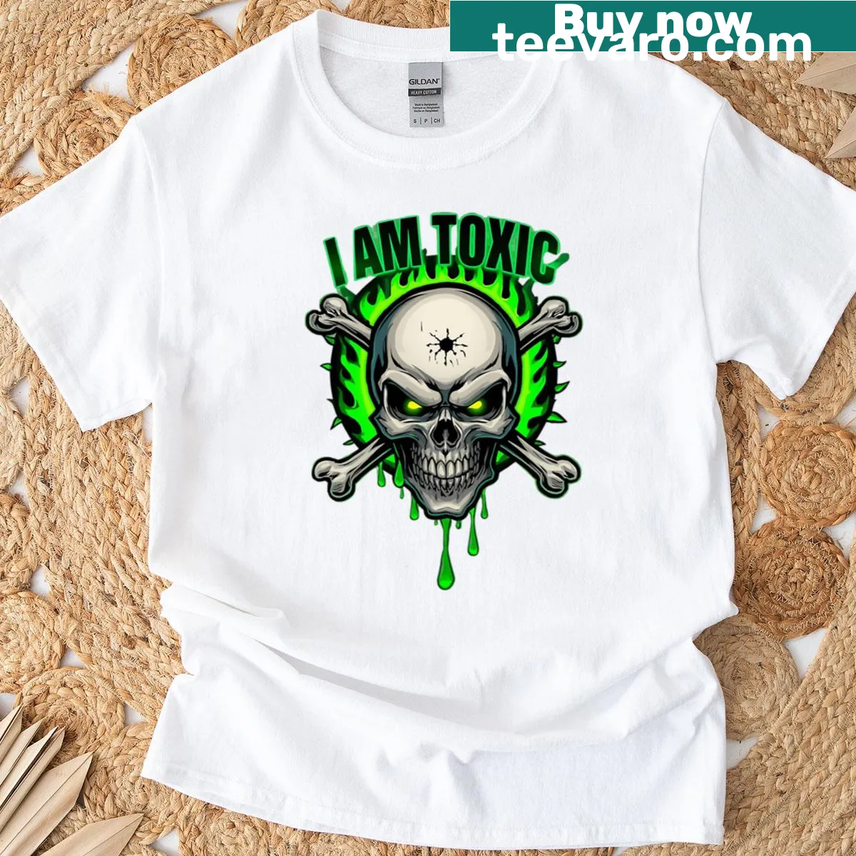 Skull design with green flames on a horror-themed t-shirt. — on a men's t-shirt