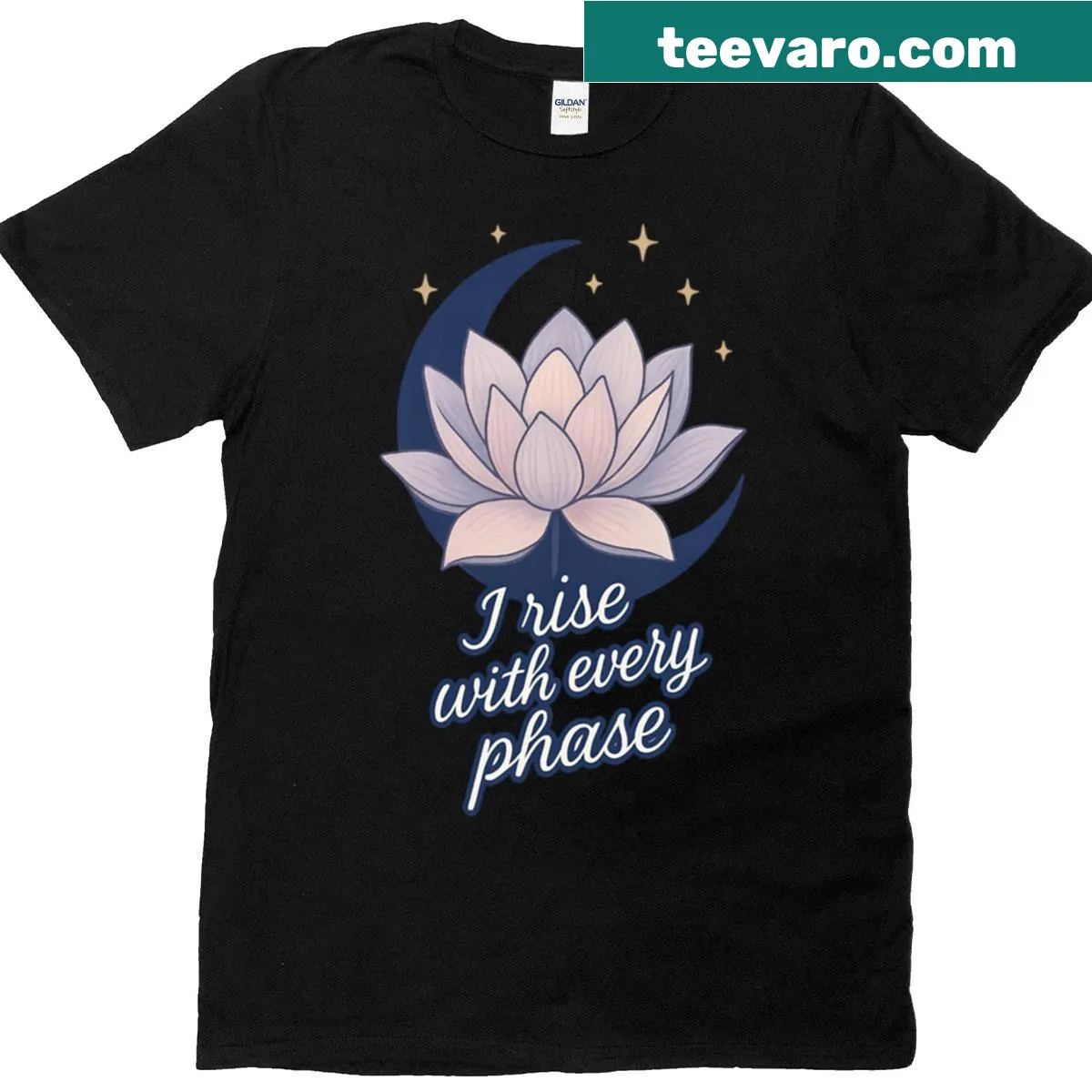Spiritual T-shirt with moon and lotus graphic promoting empowerment — on a men's t-shirt