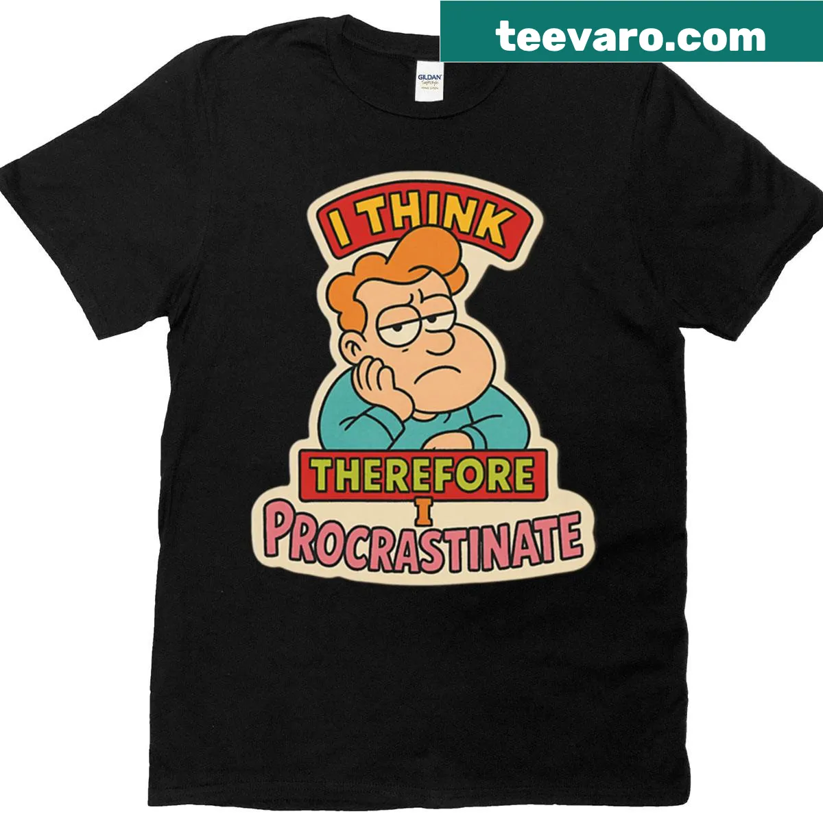 90s cartoon style graphic with the phrase about procrastination — on a men's t-shirt