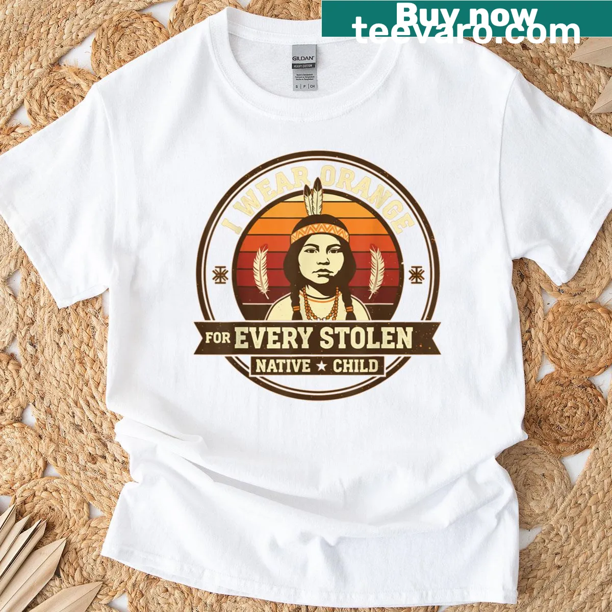 T-shirt featuring the phrase I Wear Orange For Every Stolen Native Child — on a men's t-shirt