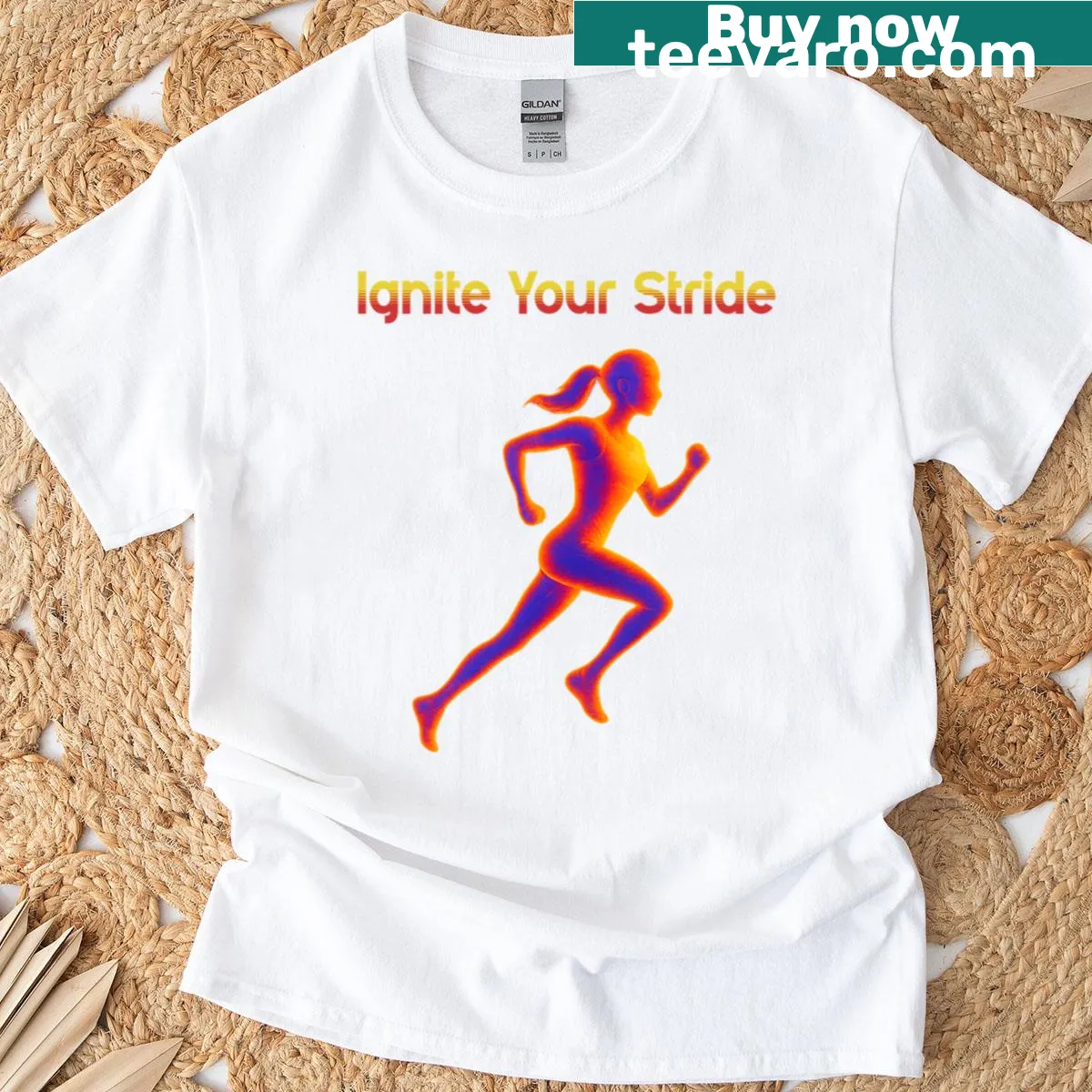 Womens running T-shirt with 'Ignite Your Stride' graphic — on a men's t-shirt