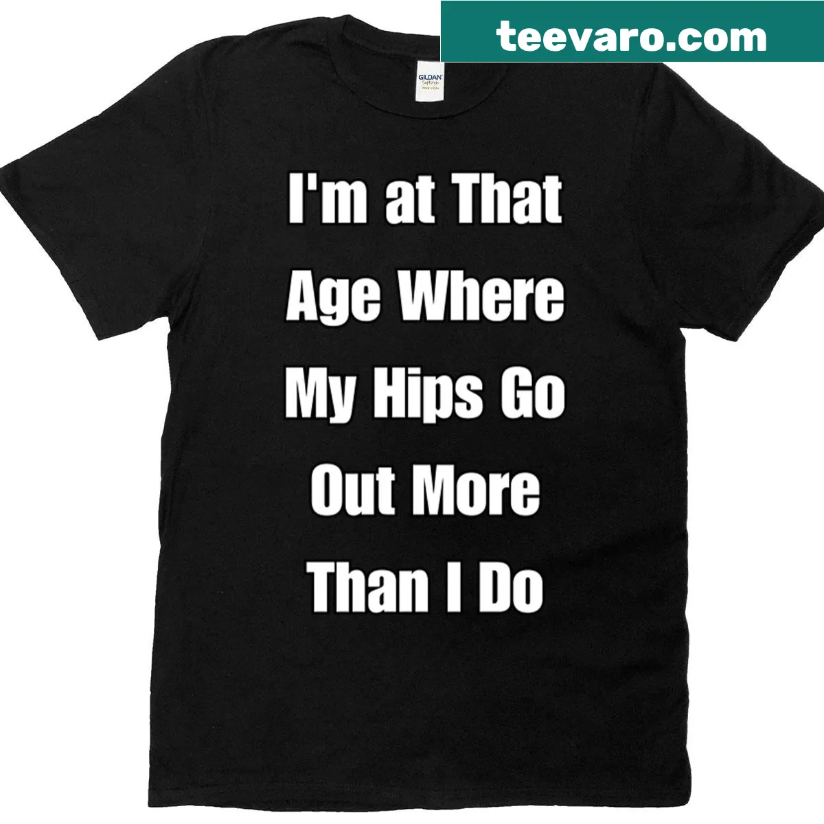 Funny aging t-shirt with humorous text about hips — on a men's t-shirt