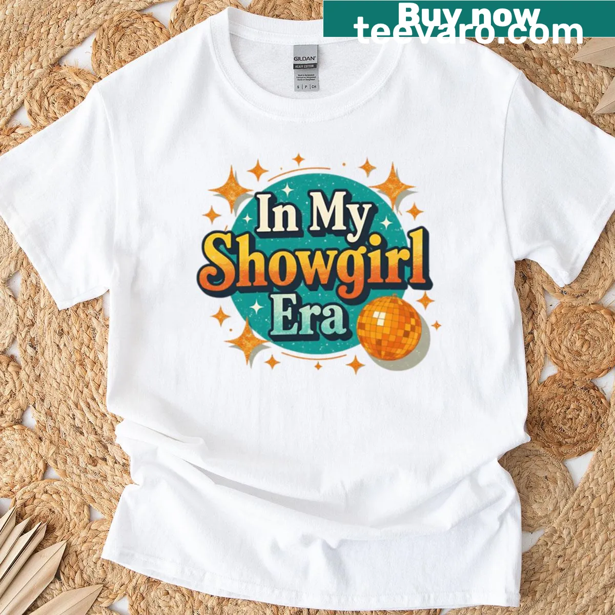 Disco ball logo t-shirt celebrating the showgirl era — on a men's t-shirt