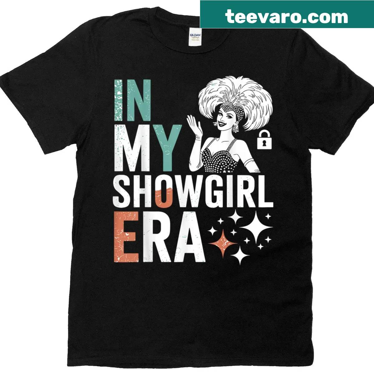 Cheerful t-shirt featuring 'In My Showgirl Era' design. — on a men's t-shirt