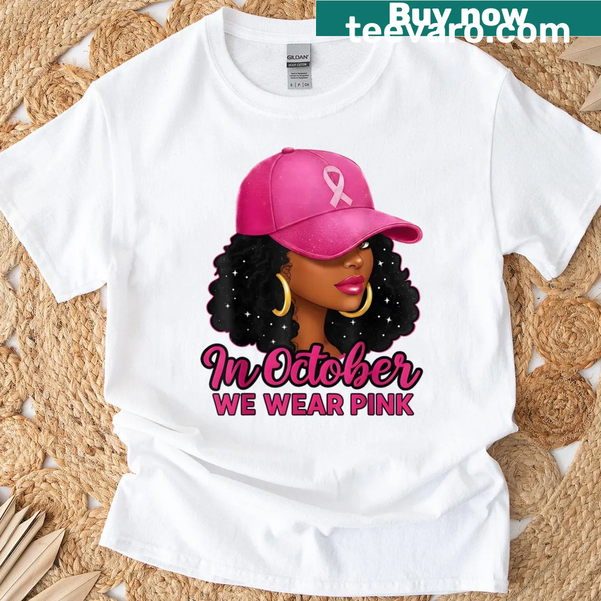 Breast cancer awareness T-shirt with the text 'In October We Wear Pink' — on a men's t-shirt