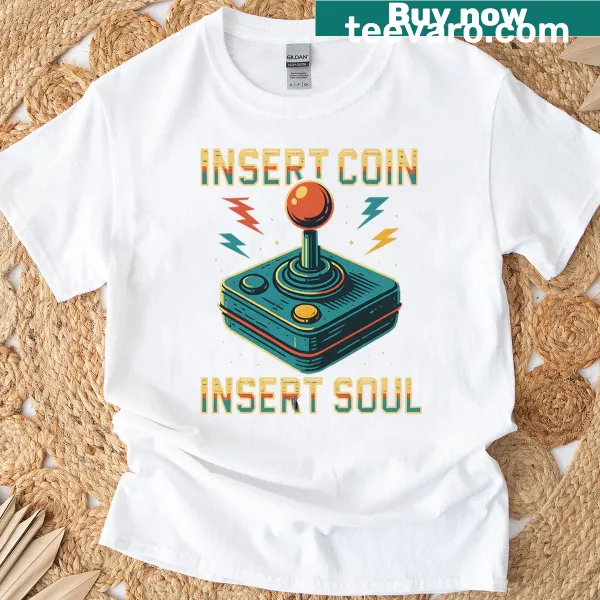 Retro gaming T-shirt with the text 'Insert Coin' in bold typography