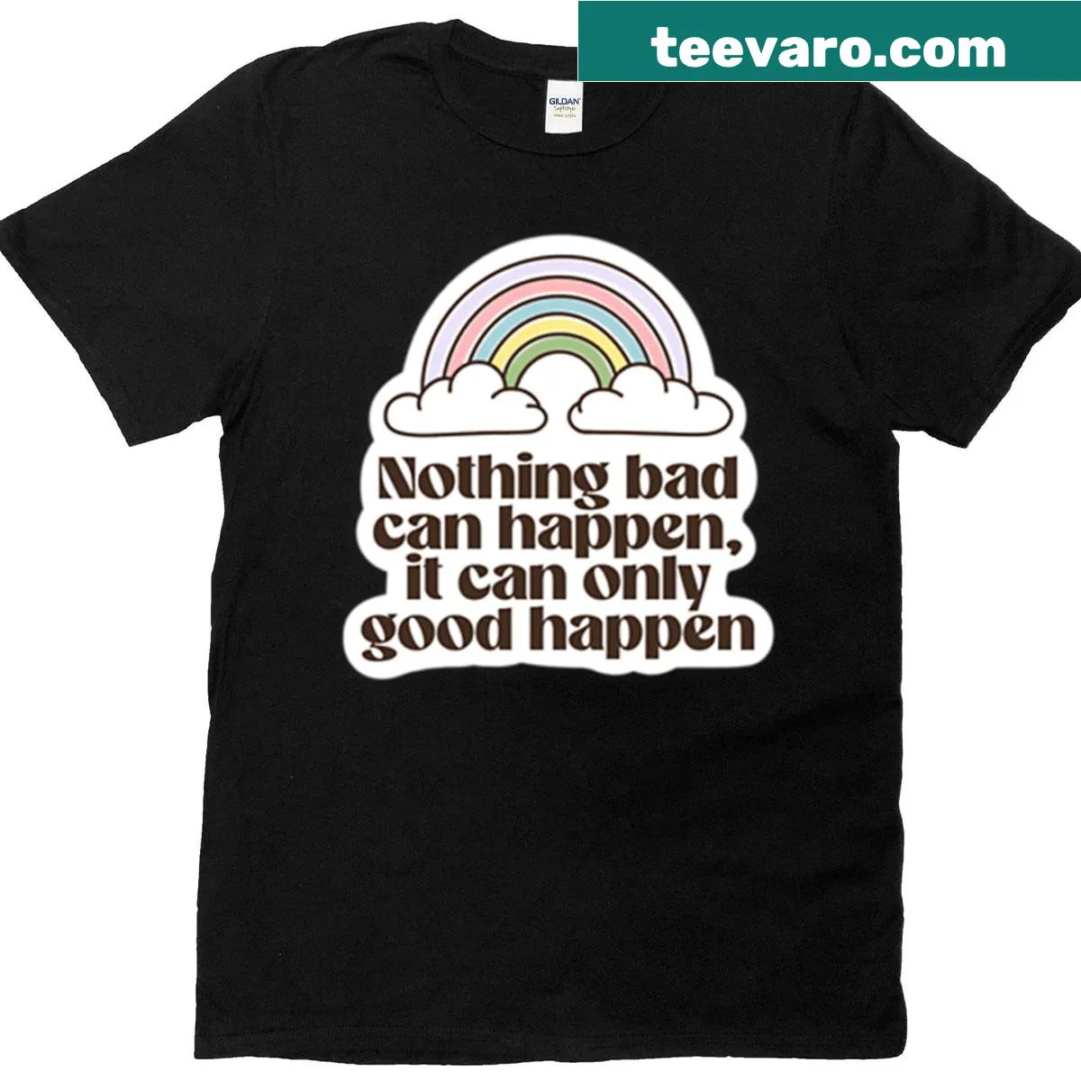 Positive T-shirt featuring an uplifting phrase about good things happening. — on a men's t-shirt